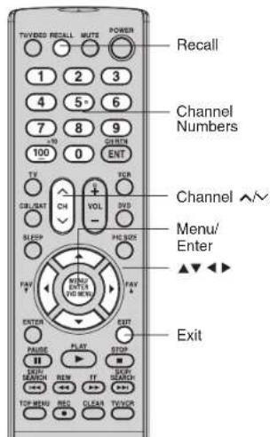 TVIDEO RECALL MUTE POWER 1 2 3 4 5* 6 7 8 9 100 0 CURTH ENT TV CUL/SAT CH VOL DVD SLEEP HCI BOX FAV F VOUT MOM/ENTER VOG NEW ENTER EXIT PAUSE FLAT STOP EXIT SEARCH NEW IT SCIFI SEARCH TCP MENU REC CLEAR TV/SCR Channel Numbers Channel ↗✓ Menu/Enter Exit