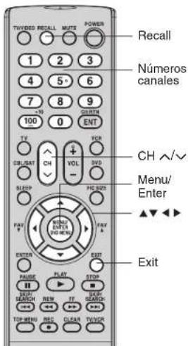TV/VIDEO RECALL MUTE POWER 1 2 3 4 5 6 7 8 9 100 0 GATCH ENT TV VCR CH VOL SVD SLEEP FC SIZE FAV VINA/EXIT ENTER OUT PAUSE FLAT STOP EXP# NEW IT SCAP SEARCH SEARCH TOP MENU REC CLEAR TV/OR Números canales CH ↗✓ Menu/ Enter Exit