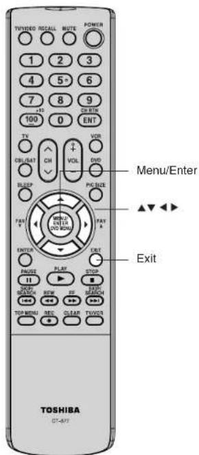 TVVIDEO/RECALL NOTE POWER 1 2 3 4 5° 6 7 8 9 +10 CH/EBN 100 0 ENT TV VOR CH VOL OVD BLUEP PC/Blue FAN MINI ENTER C/O MENU FAN EXIT ENTER PLAY STOP II DEEP SEARCH BCM FF TOP MENU DEC CLEAR TV/OS TOSHIBA CT-3/7