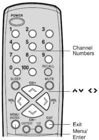POWER 1 2 3 4 5 6 7 8 9 0 100 RECALL SLEEP MUTE VOL CH+ VOL MENU/ ENTER CH- CAP/TEXT 1/2 EXIT Exit Menu/ Enter Channel Numbers