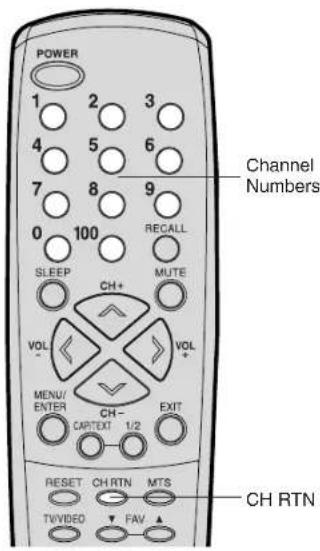 POWER 1 2 3 4 5 6 7 8 9 0 100 RECALL SLEEP MUTE VOL CH+ VOL MENU/ EXIT ENTER CAPTEXT 1/2 RESET CH RTN MTS TVVIDEO FAV Channel Numbers CH RTN