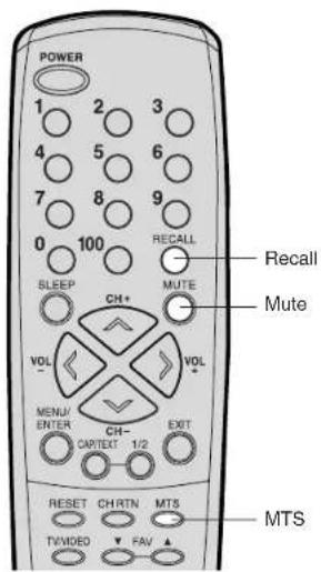 POWER 1 2 3 4 5 6 7 8 9 0 100 RECALL SLEEP MUTE VOL VOL MENU ENTER CH- EXIT CAPTEXT 1/2 RESET CHRTN MTS TVVIDEO FAV MTS Recall Mute