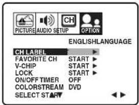 PICTURE AUDIO SETUP CH OPTION ENGLISH LANGUAGE CH LABEL FAVORITE CH START ▶ V-CHIP START ▶ LOCK START ▶ ON/OFF TIMER OFF COLORSTREAM DVD SELECT START