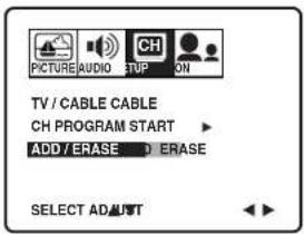 PICTURE AUDIO STOP ON TV / CABLE CABLE CH PROGRAM START ▶ ADD / ERASE ▶ ERASE SELECT ADJUST