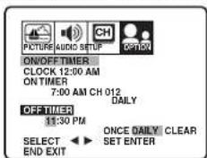 ON/OFF TIMER CLOCK 12:00 AM ON TIMER 7:00 AM CH 012 OFF TIMER 11:30 PM SELECT ▶ ONCE DAILY CLEAR END EXIT SET ENTER
