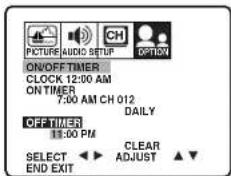 ON/OFF/TIMER CLOCK 12:00 AM ON/TIMER 7:00 AM CH 012 OFF/TIMER 11:00 PM SELECT ▶ CLEAR END EXIT ADJUST ▲▼