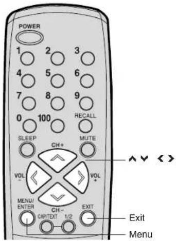 POWER 1 2 3 4 5 6 7 8 9 0 100 RECALL SLEEP CH+ MUTE VOL VOL MENU/ ENTER CH- CAPTEXT 1/2 EXIT Exit Menu