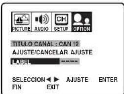 PICTURE AUDIO CH SETUP OPTION TITULO CANAL : CAN 12 AJUSTE/CANCELAR AJUSTE LABEL SELECCION ←▶ AJUSTE ENTER FIN EXIT