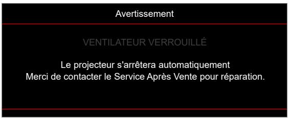 Avertissement VENTILATEUR VERROUILLÉ Le projecteur s'arrêtera automatiquement Merci de contacter le Service Après Vente pour réparation.