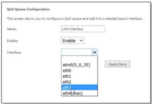 QoS Queue Configuration This screen allows you to configure a QoS queue and add it to a selected layer2 interface. Name: LAN Interface Enable: Enable Interface: atm0(0_0_35) eth0 eth1 eth2 eth3 eth4(Wan) Apply/Save