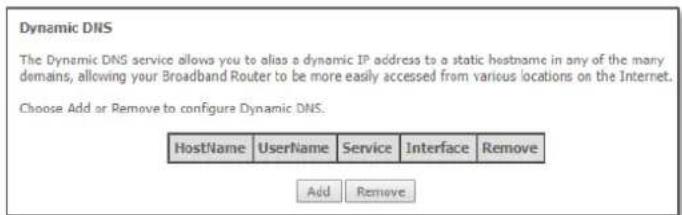 Dynamic DNS The Dynamic DNS service allows you to alias a dynamic IP address to a static hostname in any of the many demains, allowing your Broadband Router to be more easily accessed from various locations on the Internet. Choose Add or Remove to configure Dynamic DNS.