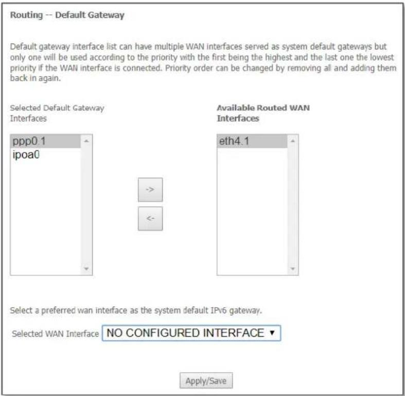 Routing -- Default Gateway Default gateway interface list can have multiple WAN interfaces served as system default gateways but only one will be used according to the priority with the first being the highest and the last one the lowest priority if the WAN interface is connected. Priority order can be changed by removing all and adding them back in again. Selected Default Gateway Interfaces ppp0.1 ipoa0 Available Routed WAN Interfaces eth4.1 - - Select a preferred wan interface as the system default IPv6 gateway. Selected WAN Interface NO CONFIGURED INTERFACE Apply/Save
