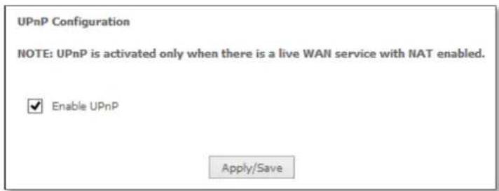 UPnP Configuration NOTE: UPnP is activated only when there is a live WAN service with NAT enabled. ✓ Enable UPnP Apply/Save