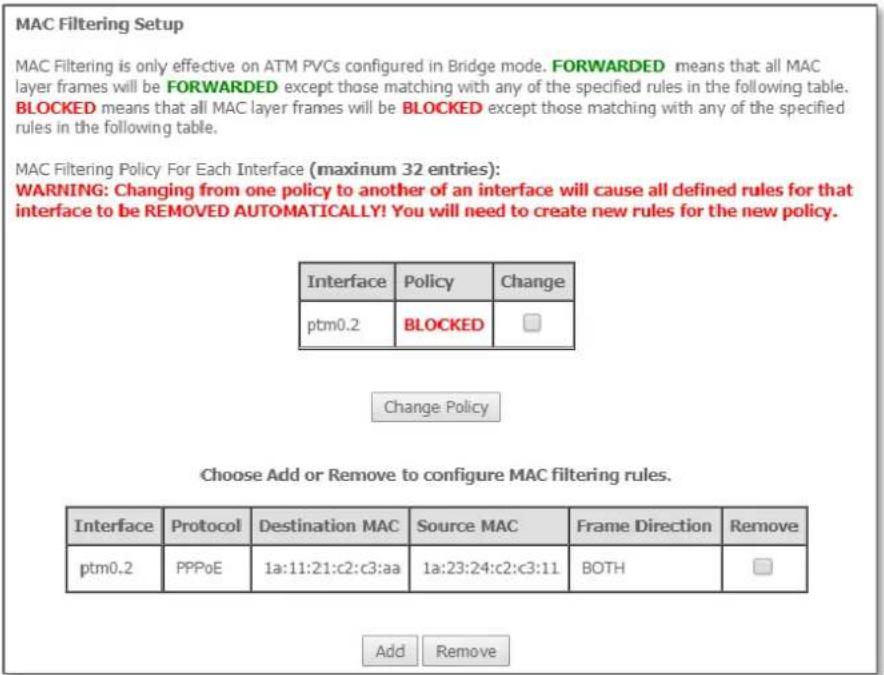 MAC Filtering Setup MAC Filtering is only effective on ATM PVCs configured in Bridge mode. FORWARDED means that all MAC layer frames will be FORWARDED except those matching with any of the specified rules in the following table. BLOCKED means that all MAC layer frames will be BLOCKED except those matching with any of the specified rules in the following table. MAC Filtering Policy For Each Interface (maximum 32 entries): WARNING: Changing from one policy to another of an interface will cause all defined rules for that interface to be REMOVED AUTOMATICALLY! You will need to create new rules for the new policy. Interface Policy Change ptm0.2 BLOCKED Change Policy Choose Add or Remove to configure MAC filtering rules. Interface Protocol Destination MAC Source MAC Frame Direction Remove ptm0.2 PPPoE 1a:11:21:c2:c3:aa 1a:23:24:c2:c3:11 BOTH Add Remove