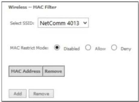 Wireless - MAC Filter Select SSID: NetComm 4013 MAC Restrict Mode: ● Disabled ○ Allow ○ Deny MAC Address Remove Add Remove