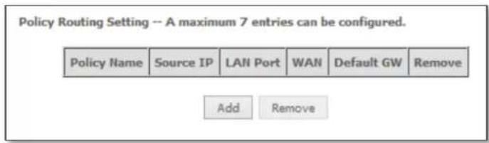 Policy Routing Setting -- A maximum 7 entries can be configured. Policy Name Source IP LAN Port WAN Default GW Remove Add Remove
