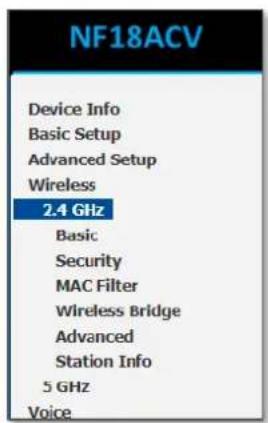 NF18ACV Device Info Basic Setup Advanced Setup Wireless 2.4 GHz Basic Security MAC Filter Wireless Bridge Advanced Station Info 5 GHz Voice