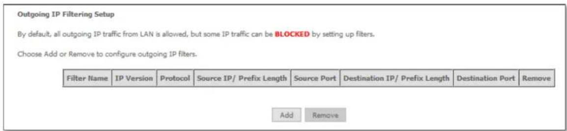 Outgoing IP Filtering Setup By default, all outgoing IP traffic from LAN is allowed, but some IP traffic can be BLOCKED by setting up filters. Choose Add or Remove to configure outgoing IP filters. Filter Name IP Version Protocol Source IP/ Prefix Length Source Port Destination IP/ Prefix Length Destination Port Remove Add Remove