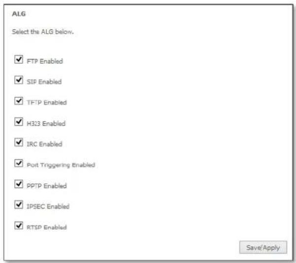 ALG Select the ALG below. ✓ FTP Enabled ✓ SIP Enabled ✓ TFTP Enabled ✓ H313 Enabled ✓ IRC Enabled ✓ Port Triggering Enabled ✓ PPTP Enabled ✓ IPSEC Enabled ✓ RTSP Enabled Save/Apply