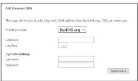 Add Dynamic DNS This page allows you to add a Dynamic DNS address from DynDNS.org, TZO, or no-op.com. O-DNS provider: DynDNS.org Hostname Interface DynDNS Settings Username: Password Apply/Save