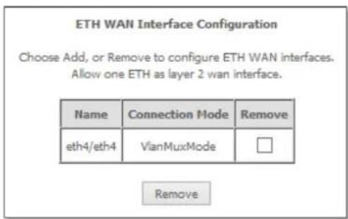 ETH WAN Interface Configuration Choose Add, or Remove to configure ETH WAN interfaces. Allow one ETH as layer 2 wan interface. Name Connection Mode Remove eth4/eth4 VianMuxMode Remove