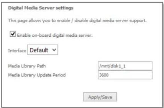 Digital Media Server settings This page allows you to enable / disable digital media server support. ✓ Enable on-board digital media server. Interface Default Media Library Path /mnt/disk1_1 Media Library Update Period 3600 Apply/Save