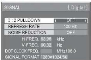 SIGNAL 3 : 2 PULLDOWN REFRESH RATE NOISE REDUCTION H-FREQ. 63.98 kHz V-FREQ. 60.02 Hz DOT CLOCK FREQ. MHz108.0 SIGNAL FORMAT 1280×1024/60 OFF 100 Hz OFF