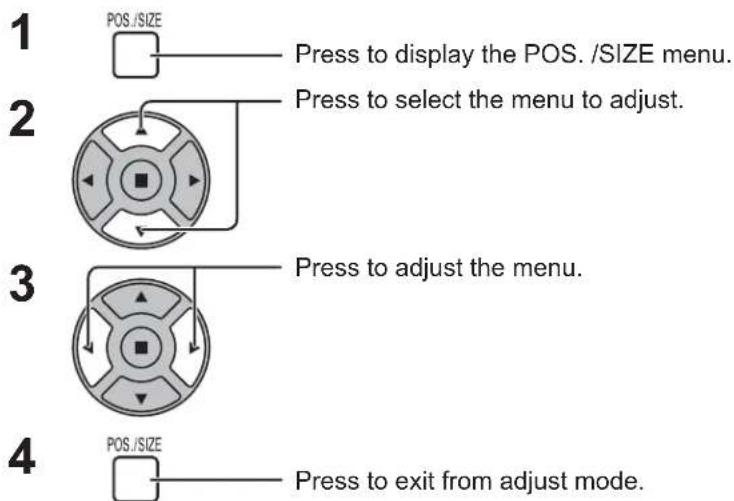 1 POS./SIZE Press to display the POS. /SIZE menu. 2 Press to select the menu to adjust. 3 Press to adjust the menu. 4 POS./SIZE Press to exit from adjust mode.