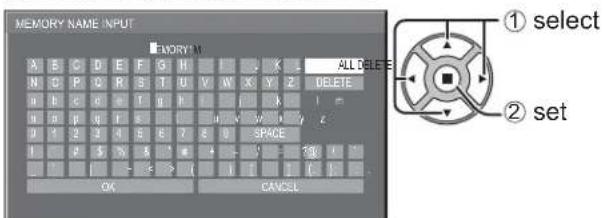 MEMORY NAME INPUT MEMORY M ALL DELETE ① select ② set OK CANCEL