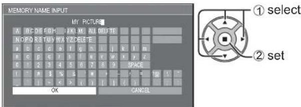 MEMORY NAME INPUT MY PICTURE A B C D E F G H I K I M A L O E F T E N O P O R S T U V W X Y Z C E L E T E a b c d e f g h i l j k l m n c d e f g h i l u v w x y z c e f g h i l u v w x y z 1 - n s 5 - 7 8 9 SPACE - 1 - < 9 10 11 OK CANCEL ① select ② set