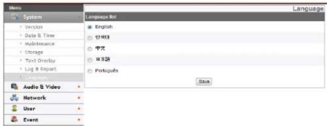 Menu System Version Date & Time Maintenance Storage Text Overlay Log & Report Language Not English 한국지 中文 일자료 Portugues Audio & Video Network User Event Language Bava