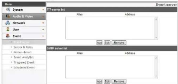 System Audio & Video Network User Event * Event server * Sensor & Relay * Motion detect * Smart Analytics * Triggered Event * Scheduled Event FTP server list Alias Address Add Edit Remove SMTP server list Alias Address Add Edit Remove