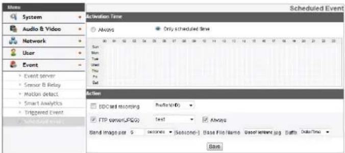 Scheduled Event System Audio & Video Network User Event Event server Sensor & Relay Motion detect Smart Analytics Triggered Event Scheduled error Activation Time Always Only scheduled time Sun Sun Time Used This Pre Out Action BDC card recording Buffer(HD) FTP server(JPEG) test Always Band Image per 5 seconds [Sequence-1] Base File Name Base Retention.jpg Batts DataTime Save