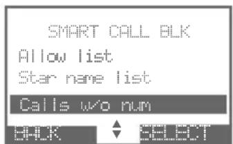 SMART CALL BLK Allow list Star name list Calls w/o nun BACK SELECT
