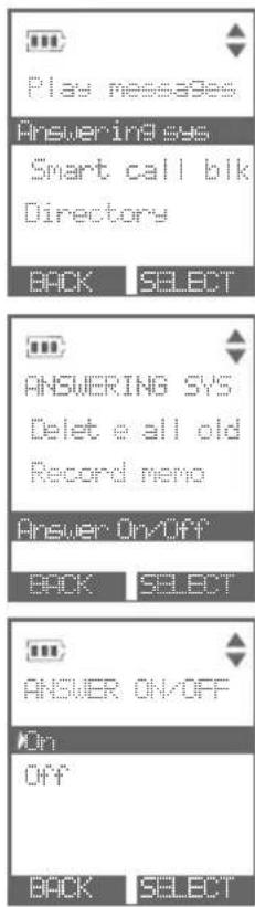Play messages Answering sys Smart call blk Directory BACK SELECT ANSUERING SYS Delete all old Record memo Answer On/Off BACK SELECT ANSUER ON/OFF On Off BACK SELECT