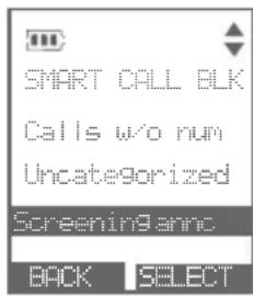 SMART CALL BLK Calls w/o num Uncategorized Screening and BACK SELECT