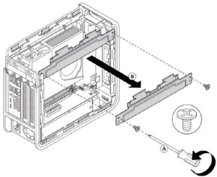 Technical diagram of a computer tower case with labeled components and assembly steps