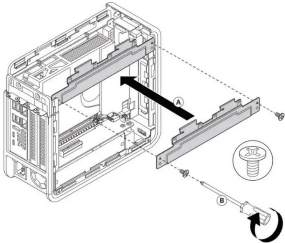 Technical diagram of a computer tower case with labeled components and assembly steps
