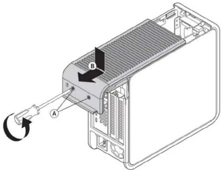 Technical diagram of an electronic device showing labeled components A and B with a cable or connector, indicating a rotation or assembly.