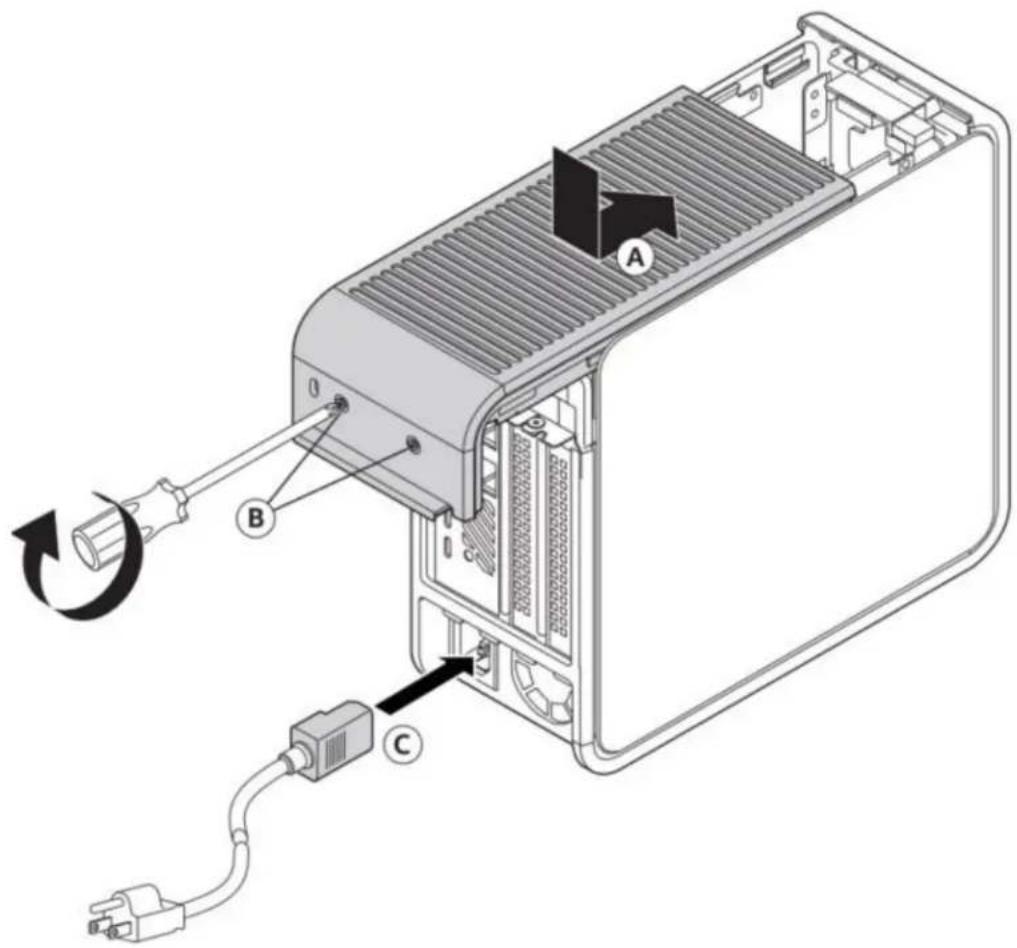 Diagram of an electronic device showing labeled components A, B, and C with a circular arrow indicating rotation or signal flow.