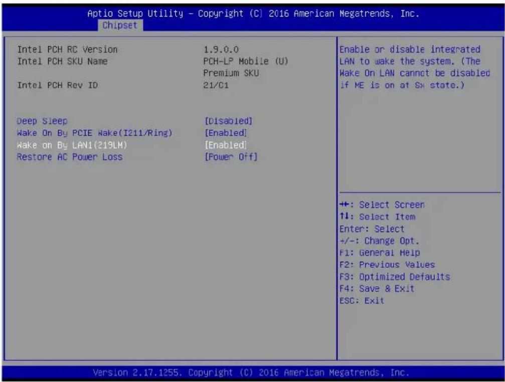 Aptio Setup Utility - Copyright (C) 2016 American Megatrends, Inc. Chipset Intel PCH RC Version 1.9.0.0 Intel PCH SKU Name PCH-LP Mobile (U) Premium SKU Intel PCH Rev ID 21/C1 Deep Sleep [Disabled] Wake On By PCIE Wake(I211/Ring) [Enabled] Wake on By LAN1(219LM) [Enabled] Restore AC Power Loss [Power Off] Enable or disable integrated LAN to wake the system. (The Make On LAN cannot be disabled if ME is on at Sx state.) ++ +: Select Screen ↑↓: Select Item Enter: Select +/-: Change Opt. F1: General Help F2: Previous Values F3: Optimized Defaults F4: Save & Exit ESC: Exit Version 2.17.1255. Copyright (C) 2016 American Megatrends, Inc.