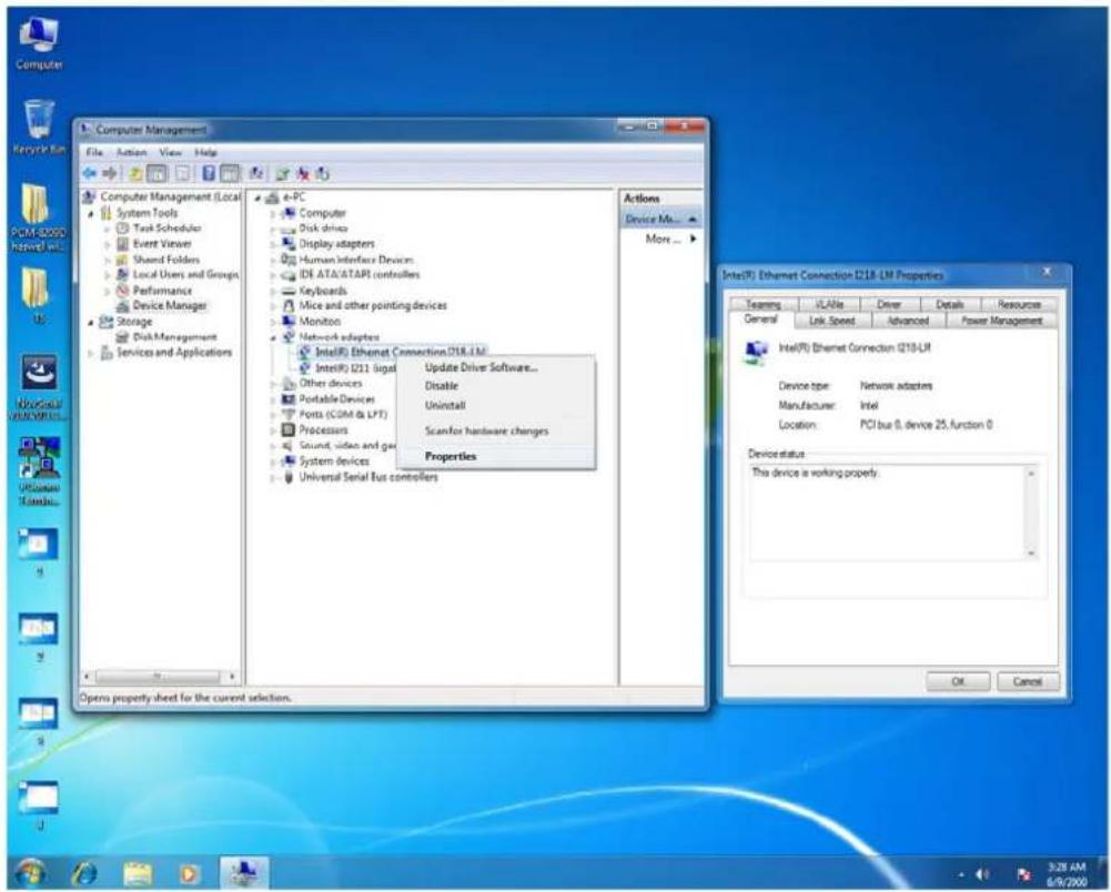 Computer Management File Action View Help Computer Management (Local) System Tools Task Scheduler Event Viewer Shared Folders Local Users and Groups Performance Device Manager Storage Disk Management Services and Applications e-PC Computer Disk drive Display adapters Human Interface Devices IDE ATA/ATAPI controllers Keyboards Mice and other pointing devices Monitor Network adapters Intel(R) Ethernet Connection(I218.LM) Intel(R) I211 signal Other devices Portable Devices Ports (COM & LPT) Processors Sound, video and gear System devices Universal Serial Bus controllers Update Driver Software... Disable Uninstall Scanfor hardware changes Properties Actions Device No... More... Intel(R) Ethernet Connection I218-LM Properties Teaming VLANs Driver Details Resources General Link Speed Advanced Power Management Intel(R) Ethernet Connection I218-LM Device type: Network adapters Manufacturer: Intel Location: PCI bus 0, device 25, function 0 Device status This device is working property. OK Cancel Open property sheet for the current selection.