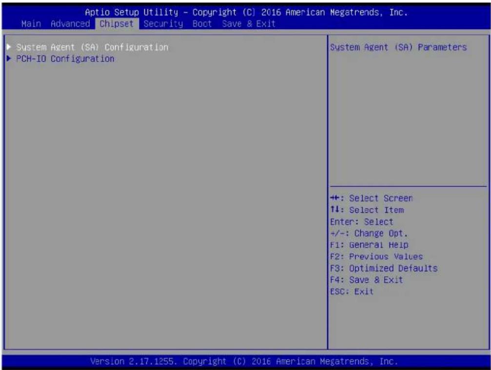 Aptio Setup Utility - Copyright (C) 2016 American Megatrends, Inc. Main Advanced Chipset Security Boot Save & Exit System Agent (SA) Configuration PCH-IO Configuration System Agent (SA) Parameters +: Select Screen ↓: Select Item Enter: Select +/-: Change Opt. F1: General Help F2: Previous Values F3: Optimized Defaults F4: Save & Exit ESC: Exit Version 2.17.1255. Copyright (C) 2016 American Megatrends, Inc.