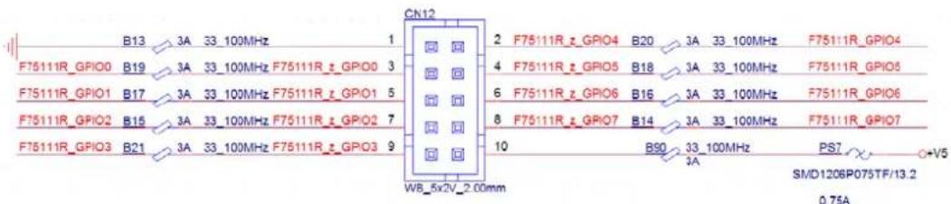 CN12 B13 3A 33_100MHz 1 F7511R_GPIO0 B19 3A 33_100MHz F7511R_z_GPIO0 3 F7511R_GPIO1 B17 3A 33_100MHz F7511R_z_GPIO1 5 F7511R_GPIO2 B15 3A 33_100MHz F7511R_z_GPIO2 7 F7511R_GPIO3 B21 3A 33_100MHz F7511R_z_GPIO3 9 WB_5x2V_2.00mm 2 F7511R_z_GPIO4 B20 3A 33_100MHz F7511R_GPIO4 4 F7511R_z_GPIO5 B18 3A 33_100MHz F7511R_GPIO5 6 F7511R_z_GPIO6 B16 3A 33_100MHz F7511R_GPIO6 8 F7511R_z_GPIO7 B14 3A 33_100MHz F7511R_GPIO7 10 B90 33_100MHz PS7 +V5 SMD1206P075TF/13.2 0.75A