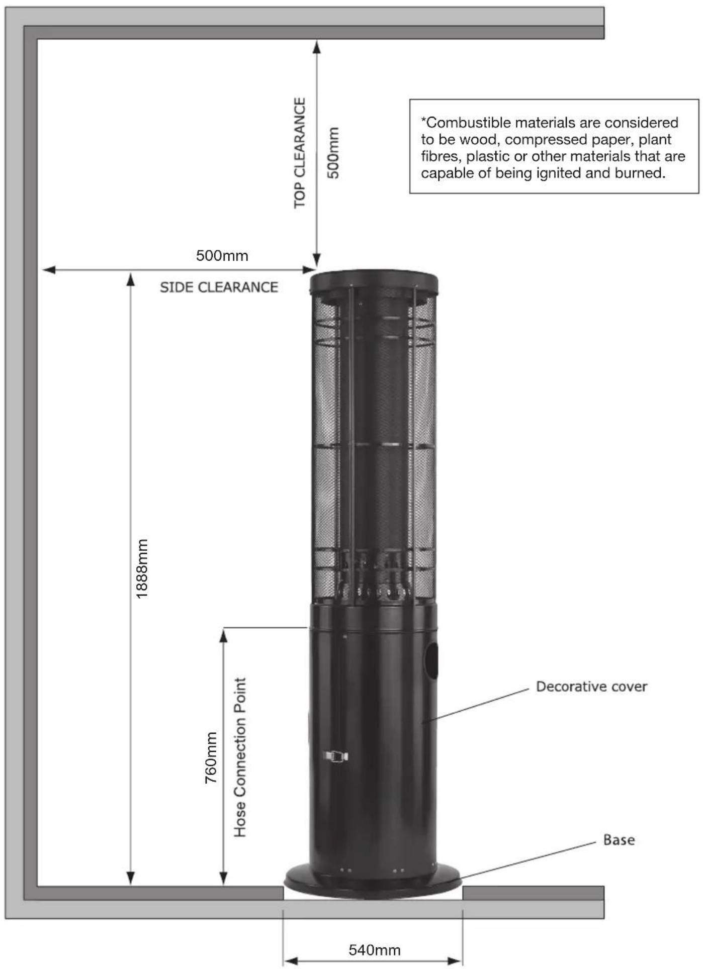 TOP CLEARANCE 500mm 500mm SIDE CLEARANCE 1888mm 760mm Hose Connection Point Decorative cover Base 540mm *Combustible materials are considered to be wood, compressed paper, plant fibres, plastic or other materials that are capable of being ignited and burned.
