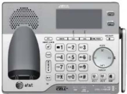 Scanned image of an AT&T mobile phone interface with keypad, display screen, and control panel visible