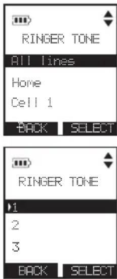 RINGER TONE ALL Tines Home Cell 1 BACK SELECT RINGER TONE 1 2 3 BACK SELECT