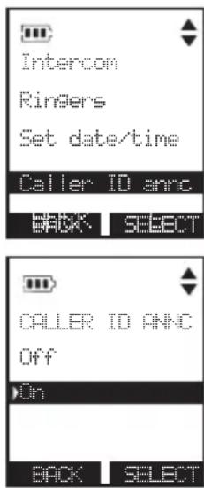 Intercom Ringers Set date/time Caller ID and BACK SELECT CALLER ID ANNO Off On BACK SELECT