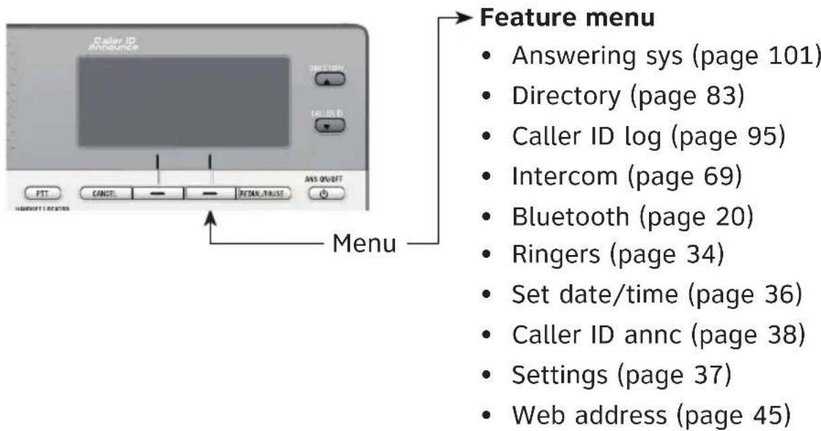 Caler ID Announce ANS ON/OFF PTT CANCEL - - RETURN/TRUISE Menu Feature menu • Answering sys (page 101) • Directory (page 83) • Caller ID log (page 95) • Intercom (page 69) • Bluetooth (page 20) • Ringers (page 34) • Set date/time (page 36) • Caller ID annc (page 38) • Settings (page 37) • Web addres…