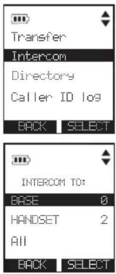 Transfer Intercom Directory Caller ID log BACK SELECT INTERCOM TO: BASE 0 HANDSET 2 All BACK SELECT